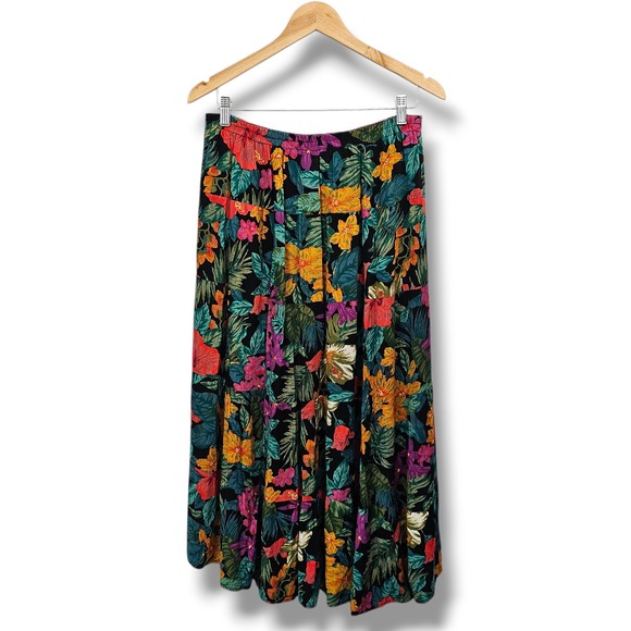 Carole Little Petites Dresses & Skirts - Vintage Carole Little Maxi Skirt 10P Tropical Dark Floral Tiered 90s Boho Resort